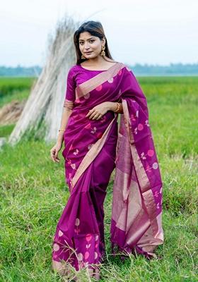 Magenta Solid Linen Saree Set
