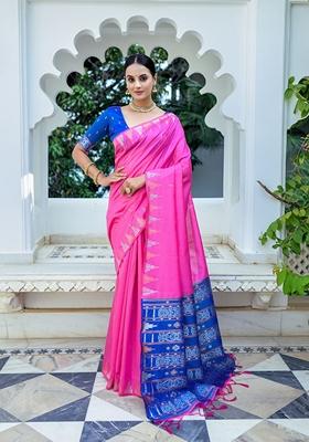 Pink Solid Soft Tussar Silk Saree Set