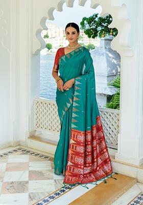 Rama Green Solid Soft Tussar Silk Saree Set