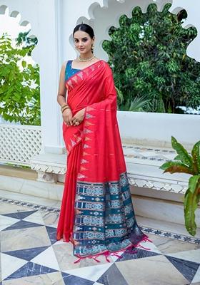 Red Solid Soft Tussar Silk Saree Set