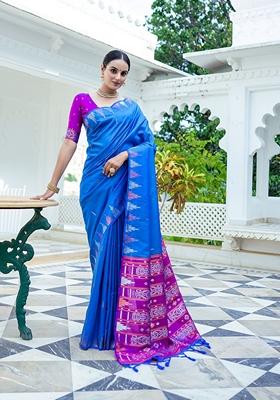 Blue Solid Soft Tussar Silk Saree Set