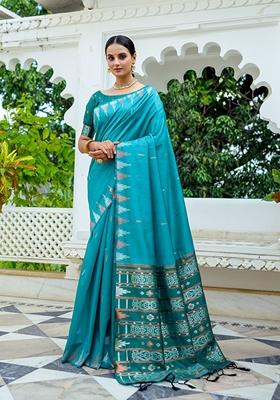 Teal Solid Soft Tussar Silk Saree Set