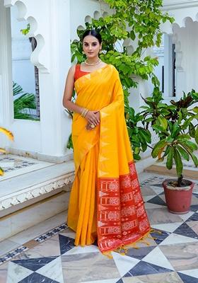Yellow Solid Soft Tussar Silk Saree Set