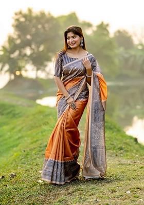 Orange Solid Soft Tussar Silk Saree Set