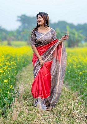 Red Solid Soft Tussar Silk Saree Set