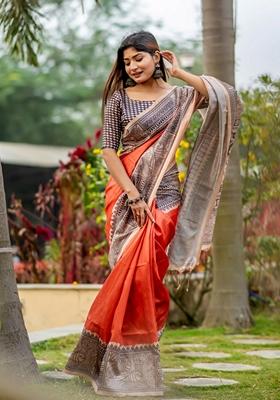 Dark Orange Solid Soft Tussar Silk Saree Set