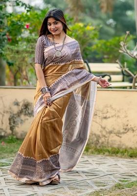 Chiku Brown Solid Soft Tussar Silk Saree Set