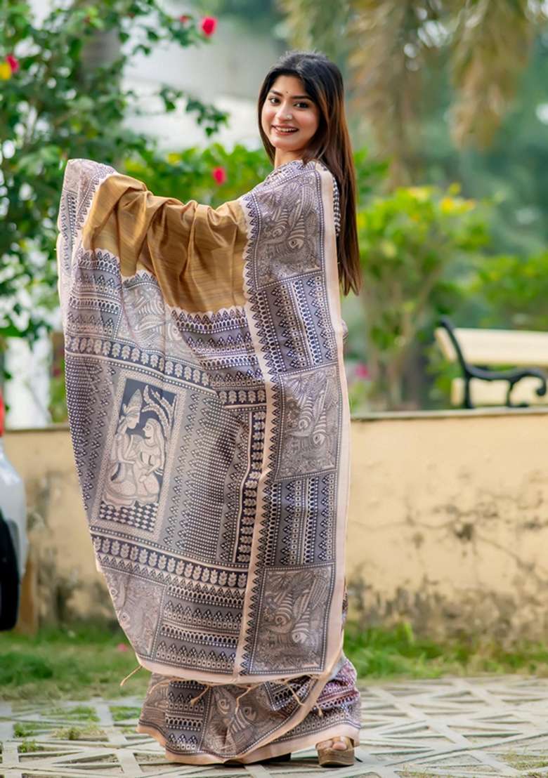 Chiku Brown Solid Soft Tussar Silk Saree Set for Diwali and Festive Wear - Indya