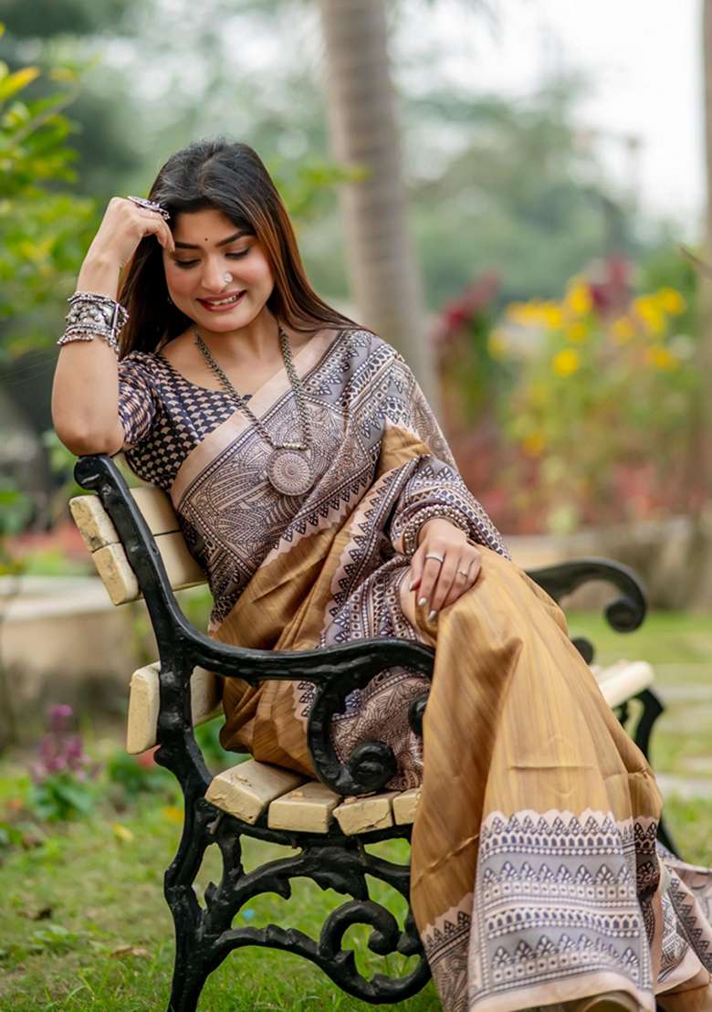 Chiku Brown Solid Soft Tussar Silk Saree Set for Diwali and Festive Wear - Indya