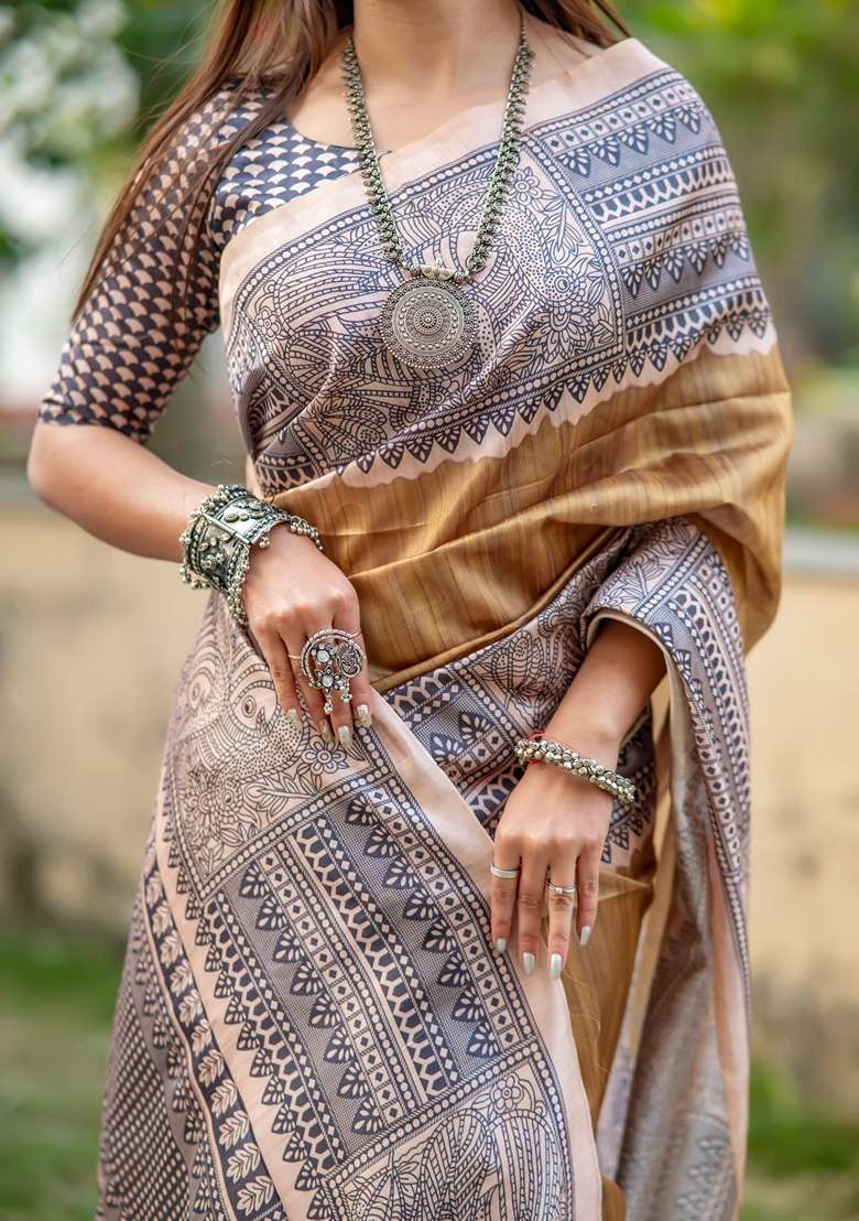 Chiku Brown Solid Soft Tussar Silk Saree Set for Diwali and Festive Wear - Indya