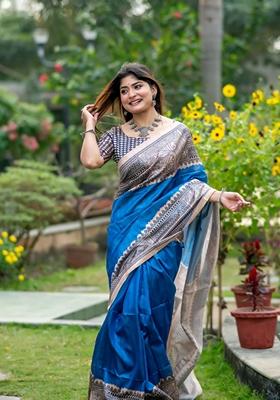 Blue Solid Soft Tussar Silk Saree Set