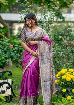 Purple Solid Soft Tussar Silk Saree Set