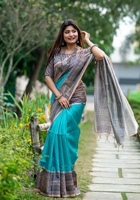 Teal Solid Soft Tussar Silk Saree Set