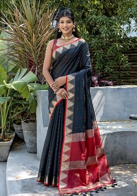 Black Solid Tussar Silk Saree Set