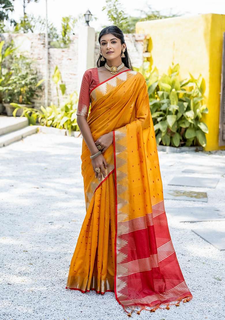 Mustard Solid Tussar Silk Saree Set for Diwali and Festive Wear - Indya