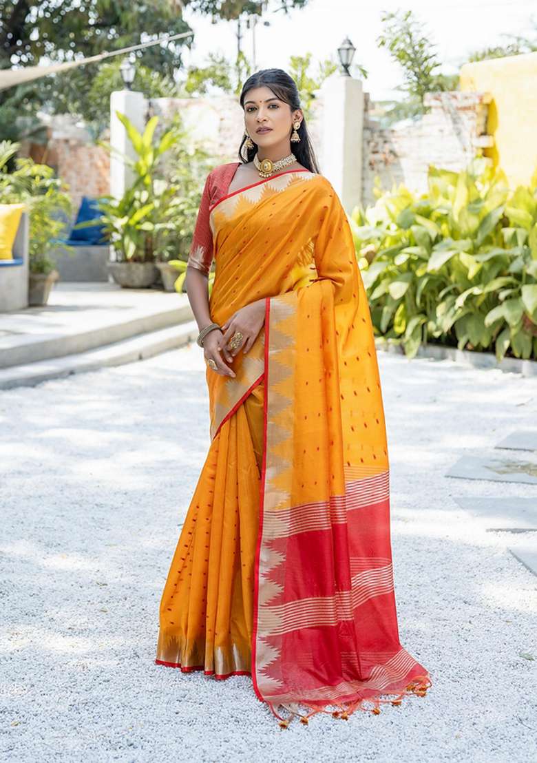 Mustard Solid Tussar Silk Saree Set for Diwali and Festive Wear - Indya