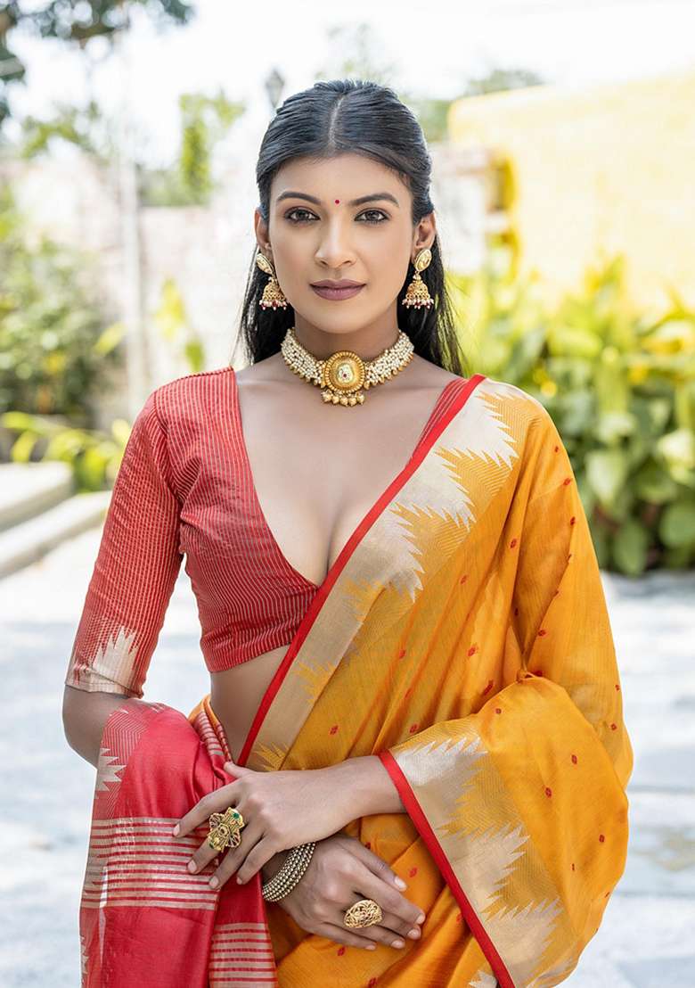 Mustard Solid Tussar Silk Saree Set for Diwali and Festive Wear - Indya