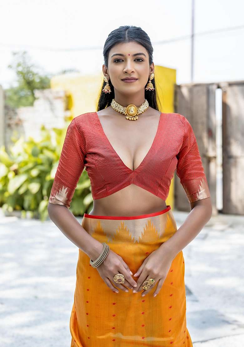 Mustard Solid Tussar Silk Saree Set for Diwali and Festive Wear - Indya