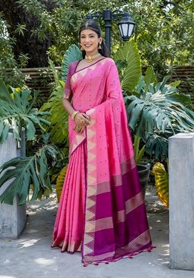 Pink Solid Tussar Silk Saree Set