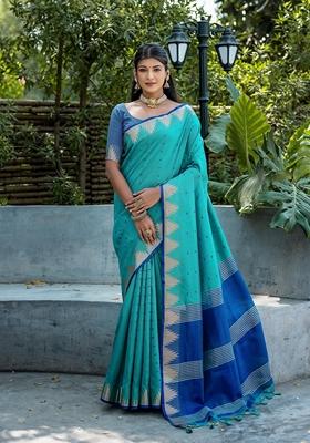 Rama Blue Solid Tussar Silk Saree Set