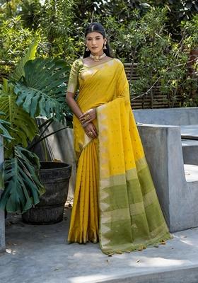 Yellow Solid Tussar Silk Saree Set