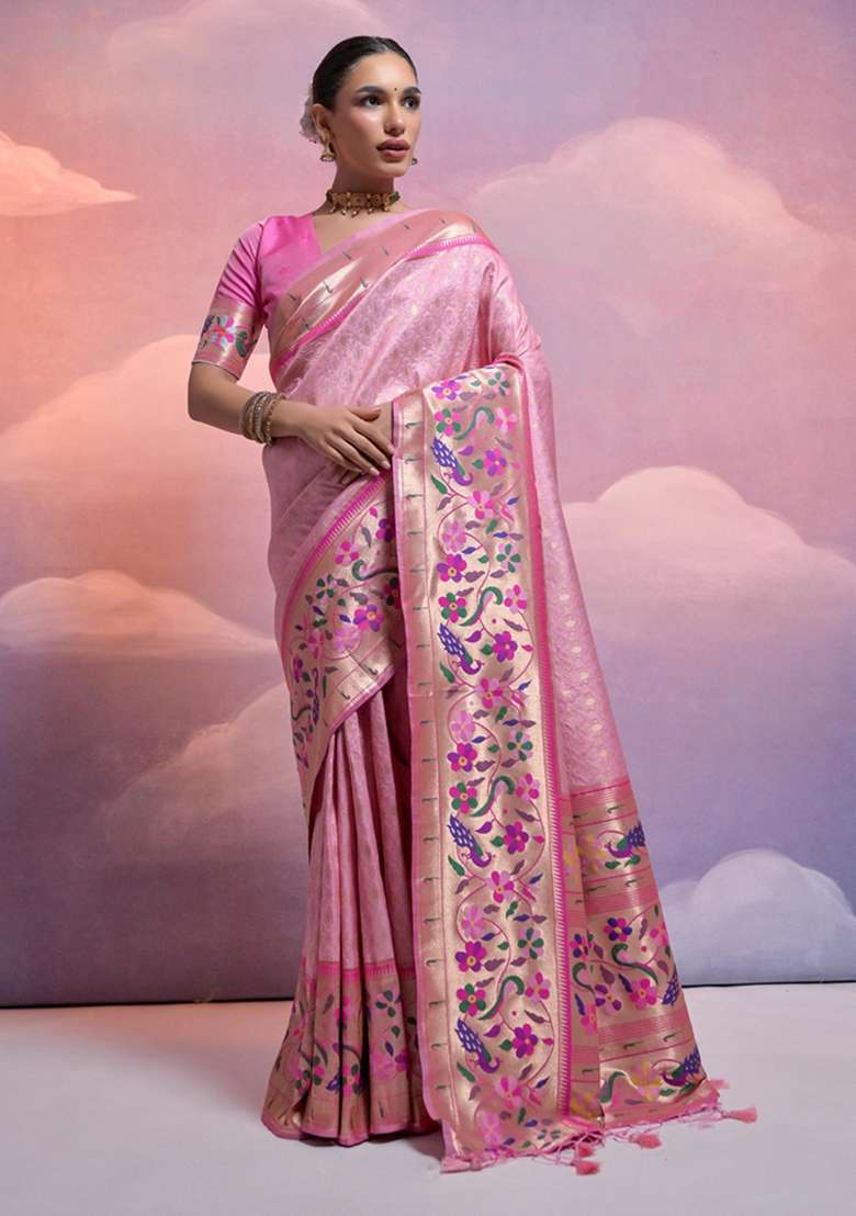 Baby Pink Solid Soft Banarasi Silk Saree Set for Diwali and Festive Wear - Indya