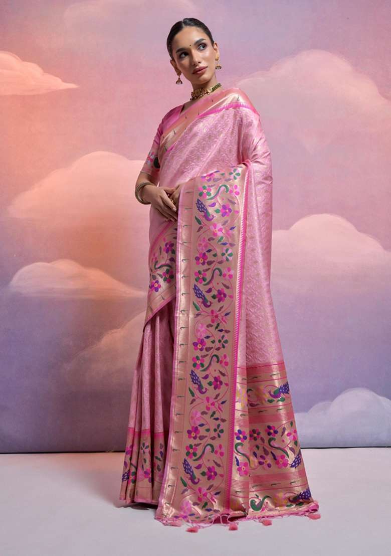 Baby Pink Solid Soft Banarasi Silk Saree Set for Diwali and Festive Wear - Indya
