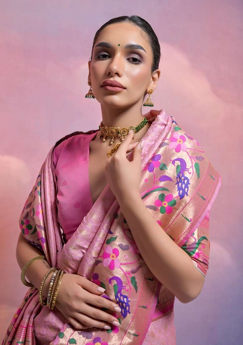 Baby Pink Solid Soft Banarasi Silk Saree Set for Diwali and Festive Wear - Indya