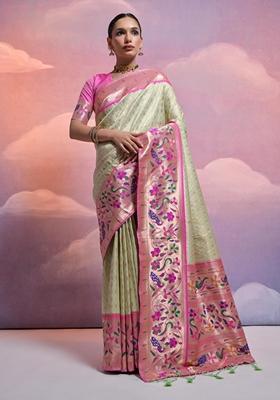 Pista Green Solid Soft Banarasi Silk Saree Set