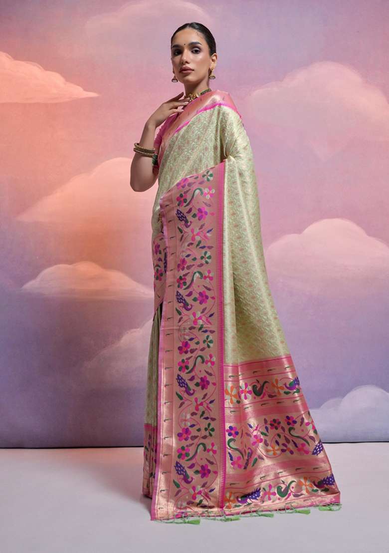 Pista Green Solid Soft Banarasi Silk Saree Set for Diwali | Wedding & Festive Wear - Indya