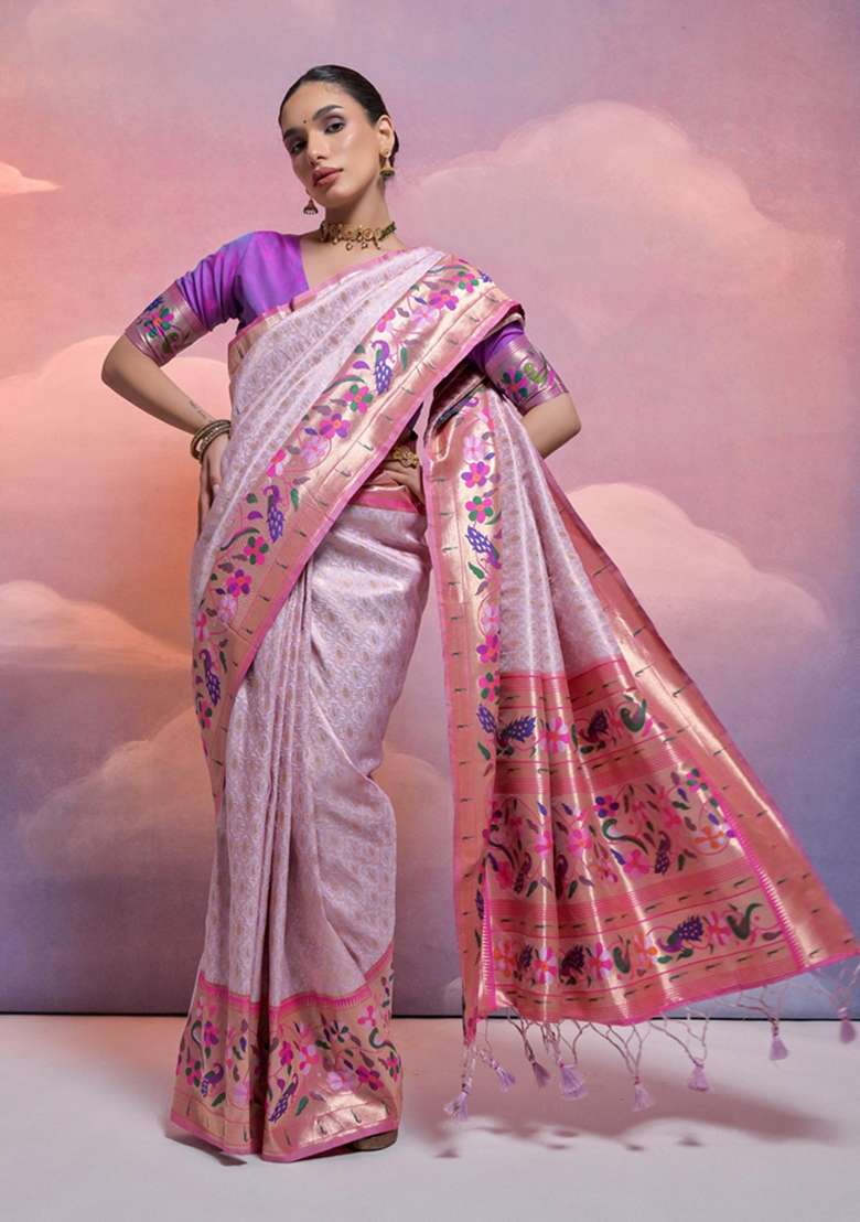 Purple Solid Soft Banarasi Silk Saree Set for Diwali and Festive Wear - Indya