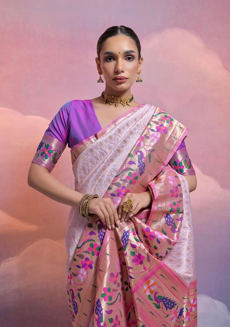 Purple Solid Soft Banarasi Silk Saree Set for Diwali and Festive Wear - Indya