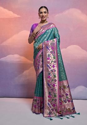 Rama Blue Solid Soft Banarasi Silk Saree Set