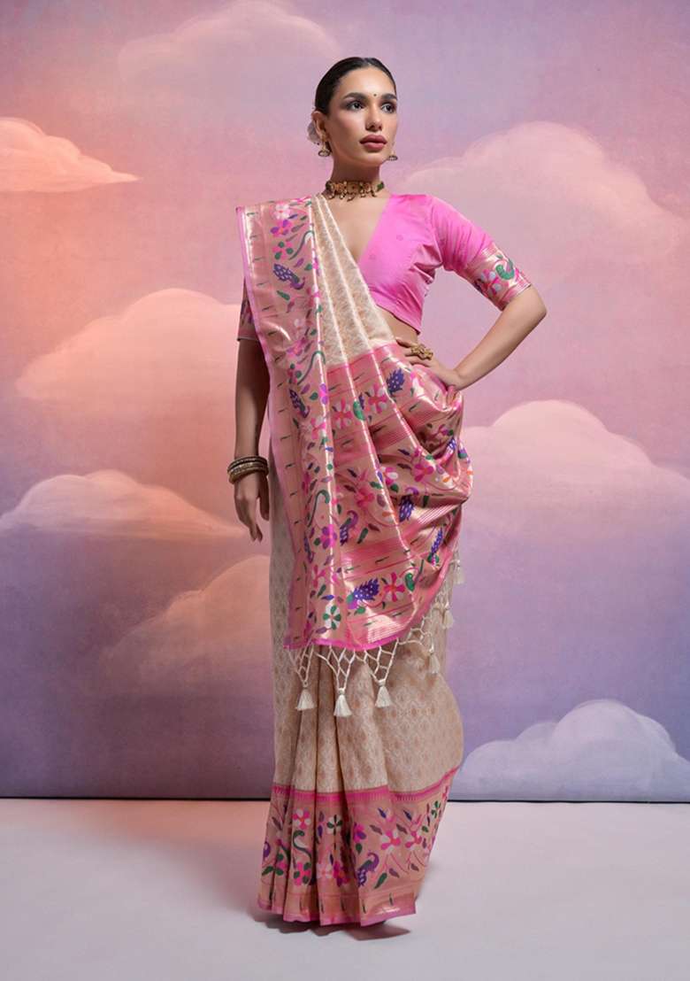 White Solid Soft Banarasi Silk Saree Set for Diwali and Festive Wear - Indya