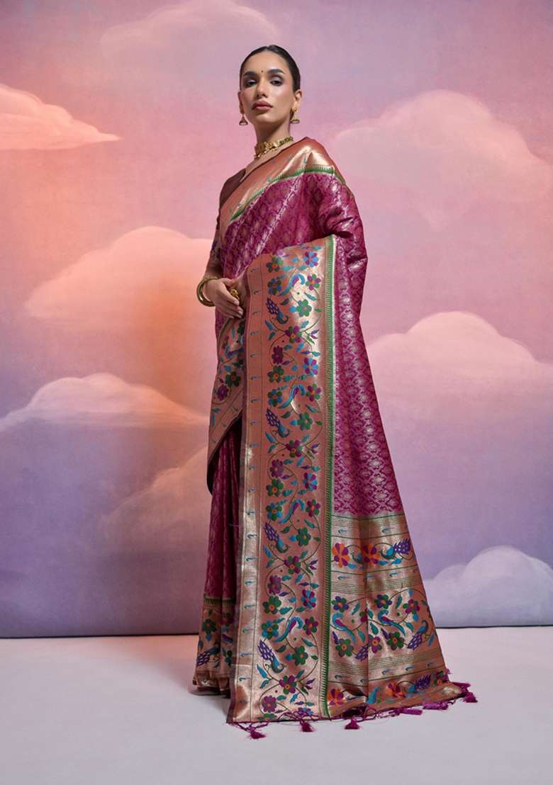 Wine Solid Soft Banarasi Silk Saree Set for Diwali and Festive Wear - Indya