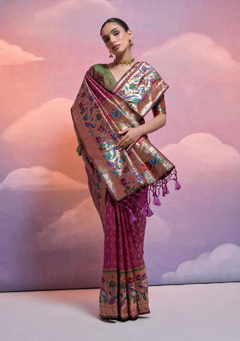 Wine Solid Soft Banarasi Silk Saree Set for Diwali and Festive Wear - Indya
