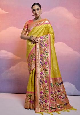 Yellow Solid Soft Banarasi Silk Saree Set