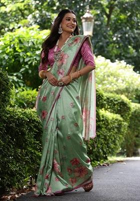 Pista Green Solid Soft Tussar Silk Saree Set