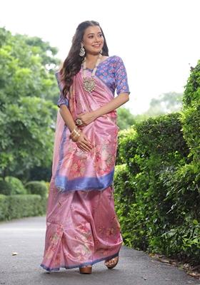 Pink Solid Soft Tussar Silk Saree Set