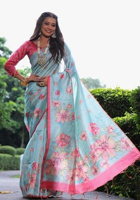 Sky Blue Solid Soft Tussar Silk Saree Set