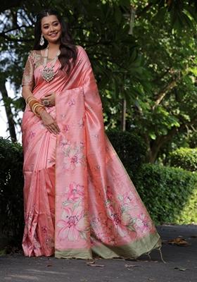 Peach Solid Soft Tussar Silk Saree Set