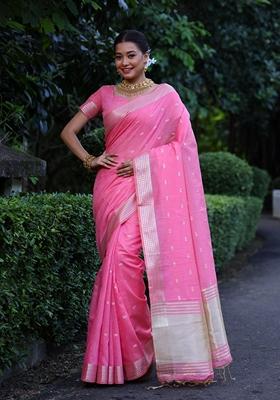 Pink Solid Tissue Silk Saree Set