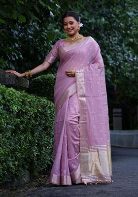 Purple Solid Tissue Silk Saree Set