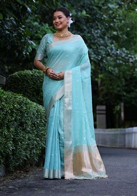Rama Blue Solid Tissue Silk Saree Set