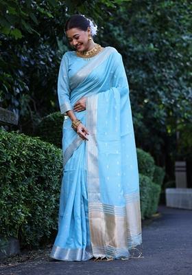 Sky Blue Solid Tissue Silk Saree Set