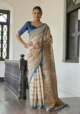Blue Solid Soft Tussar Silk Saree Set