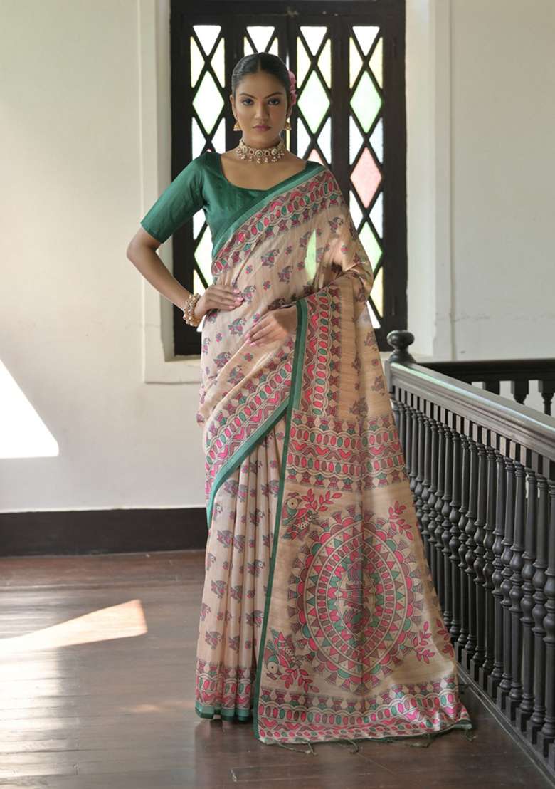 Green Solid Soft Tussar Silk Saree Set for Diwali | Wedding & Festive Wear - Indya