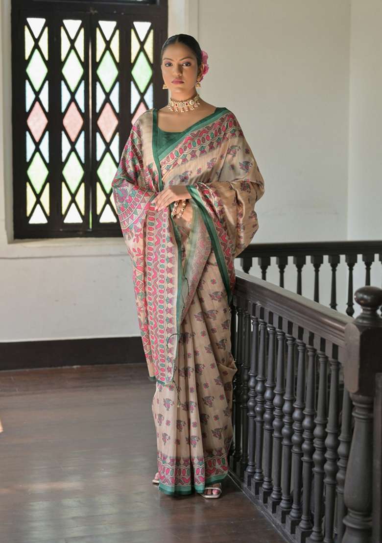 Green Solid Soft Tussar Silk Saree Set for Diwali | Wedding & Festive Wear - Indya