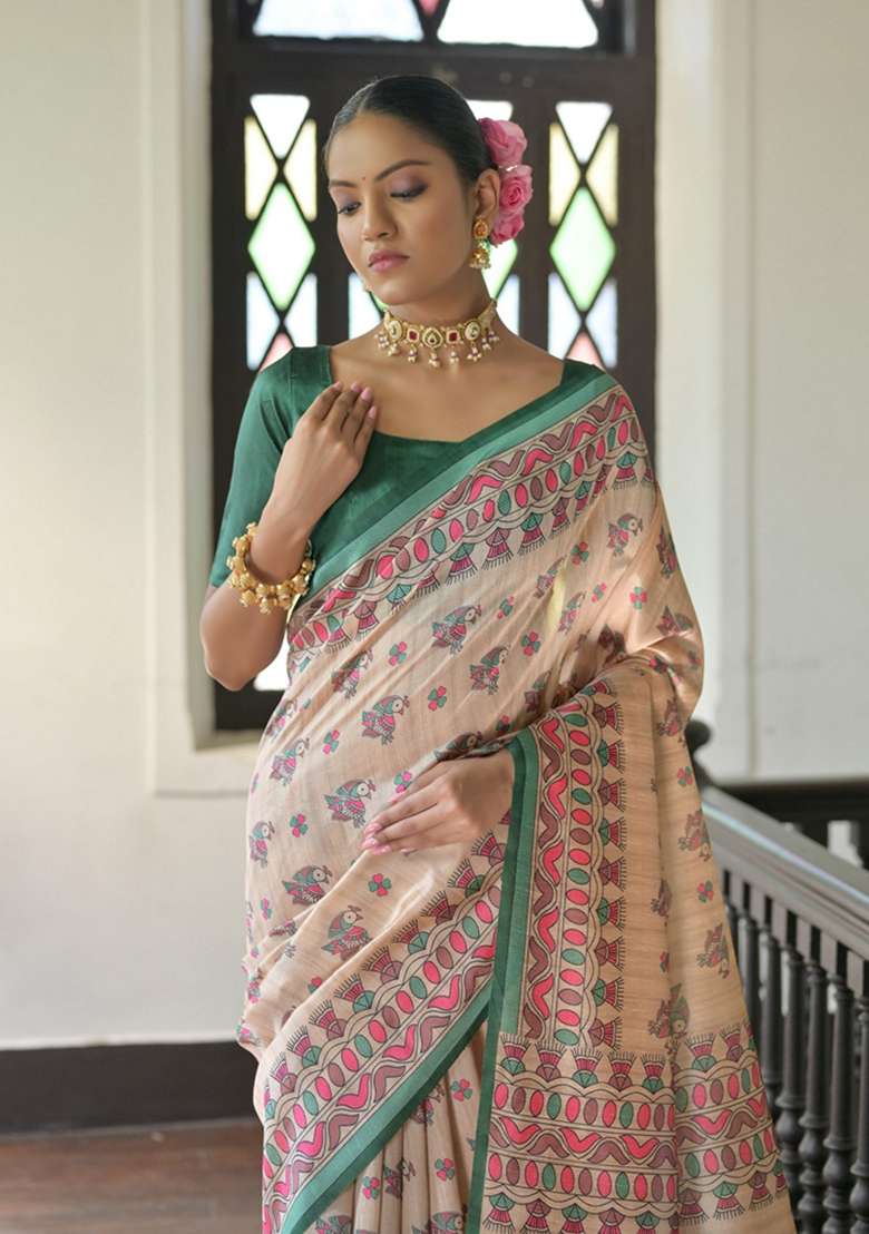 Green Solid Soft Tussar Silk Saree Set for Diwali | Wedding & Festive Wear - Indya
