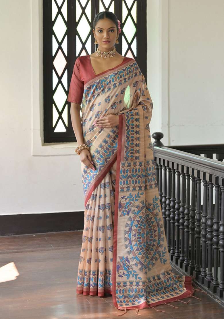 Red Solid Soft Tussar Silk Saree Set for Diwali and Festive Wear - Indya